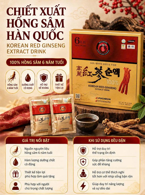 Nước hồng sâm pocheon Hàn Quốc nguyên chất 60 gói Nước hồng sâm pocheon Hàn Quốc nguyên chất 60 gói